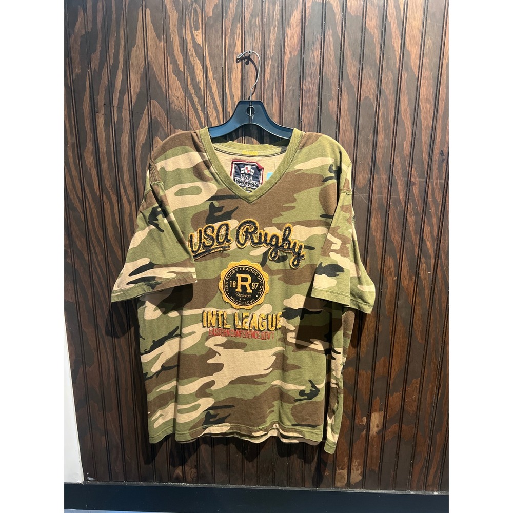 USA Rugby Intl League Camo V-Neck T-Shirt Mens Green Embroidered Patch XL 29x24
